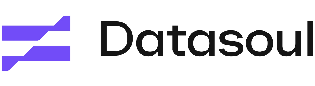 Logo Datasoul com símbolo roxo estilizado e texto preto em fundo transparente.