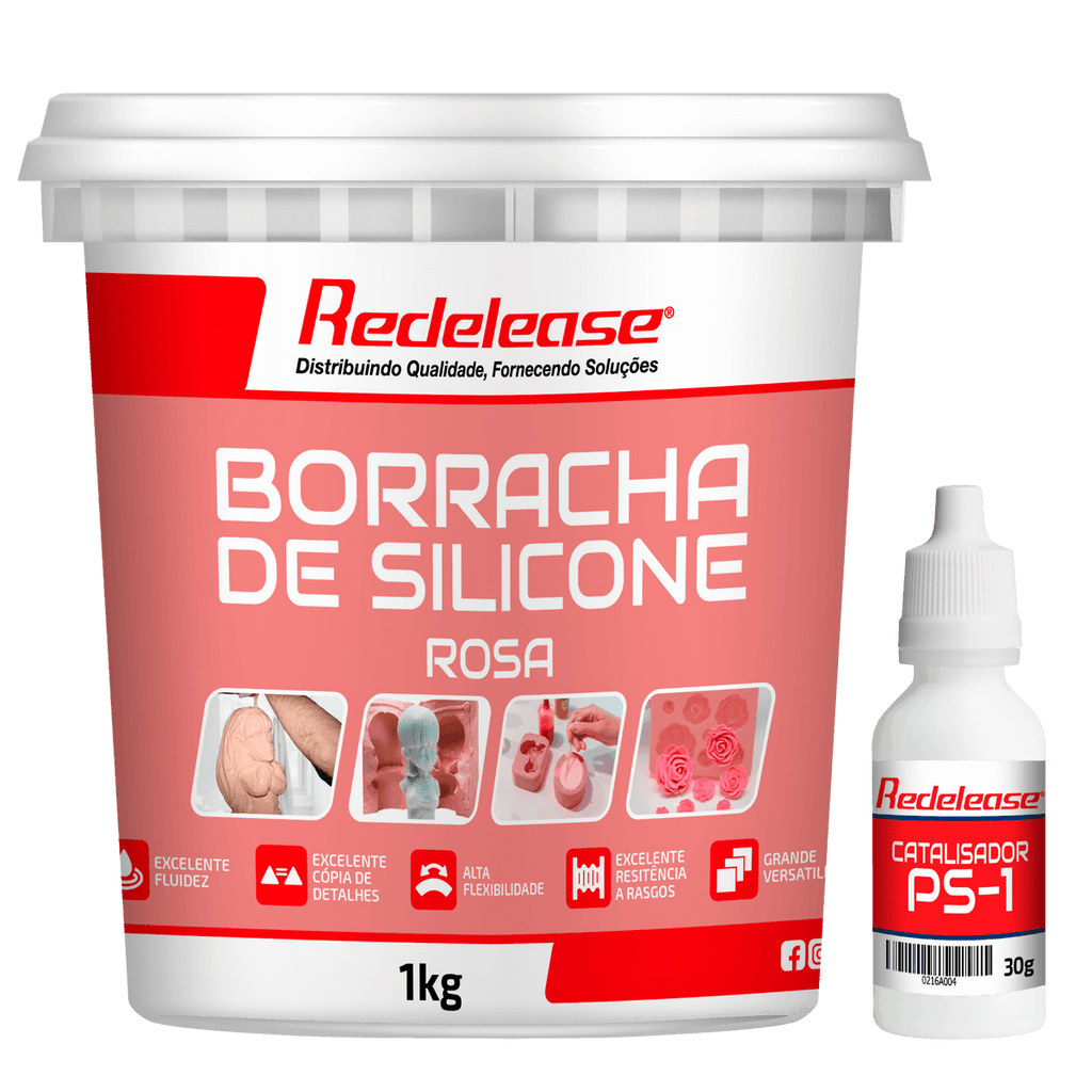 Pote de 1kg de borracha de silicone rosa com catalisador PS-1 para moldes artesanais.