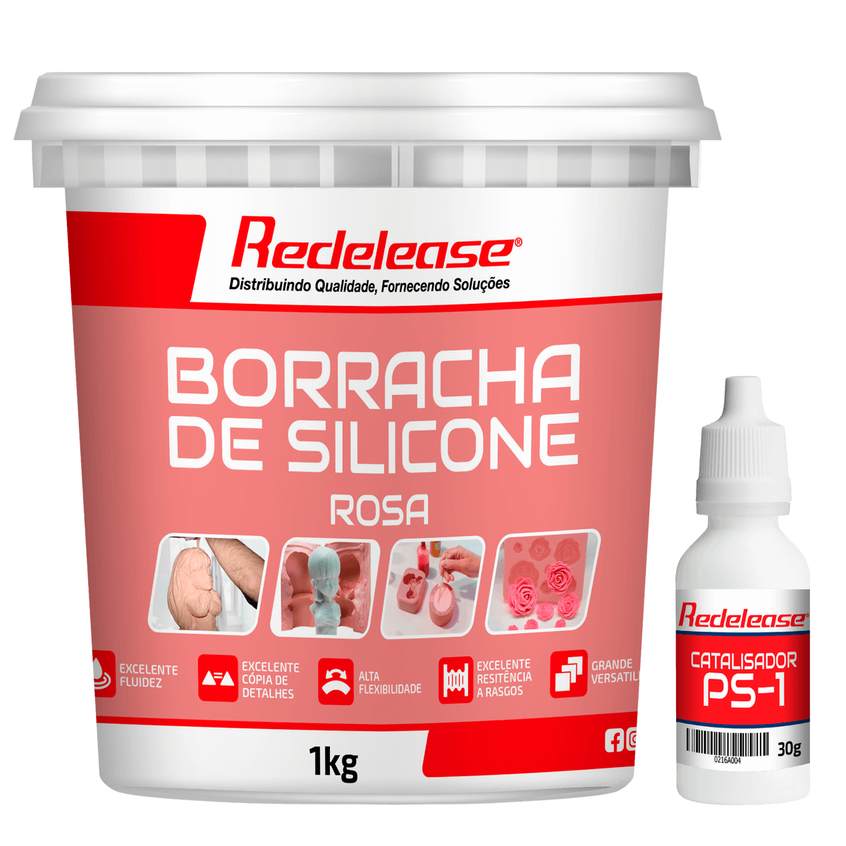 Pote de 1kg de borracha de silicone rosa com catalisador PS-1 para moldes artesanais.