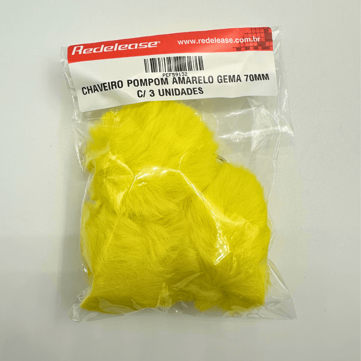 Chaveiro Pompom Pelúcia Amarelo Gema 70 mm (3 Un)