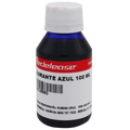 Frasco de corante azul 100 ml translúcido com tampa branca e rótulo identificador.