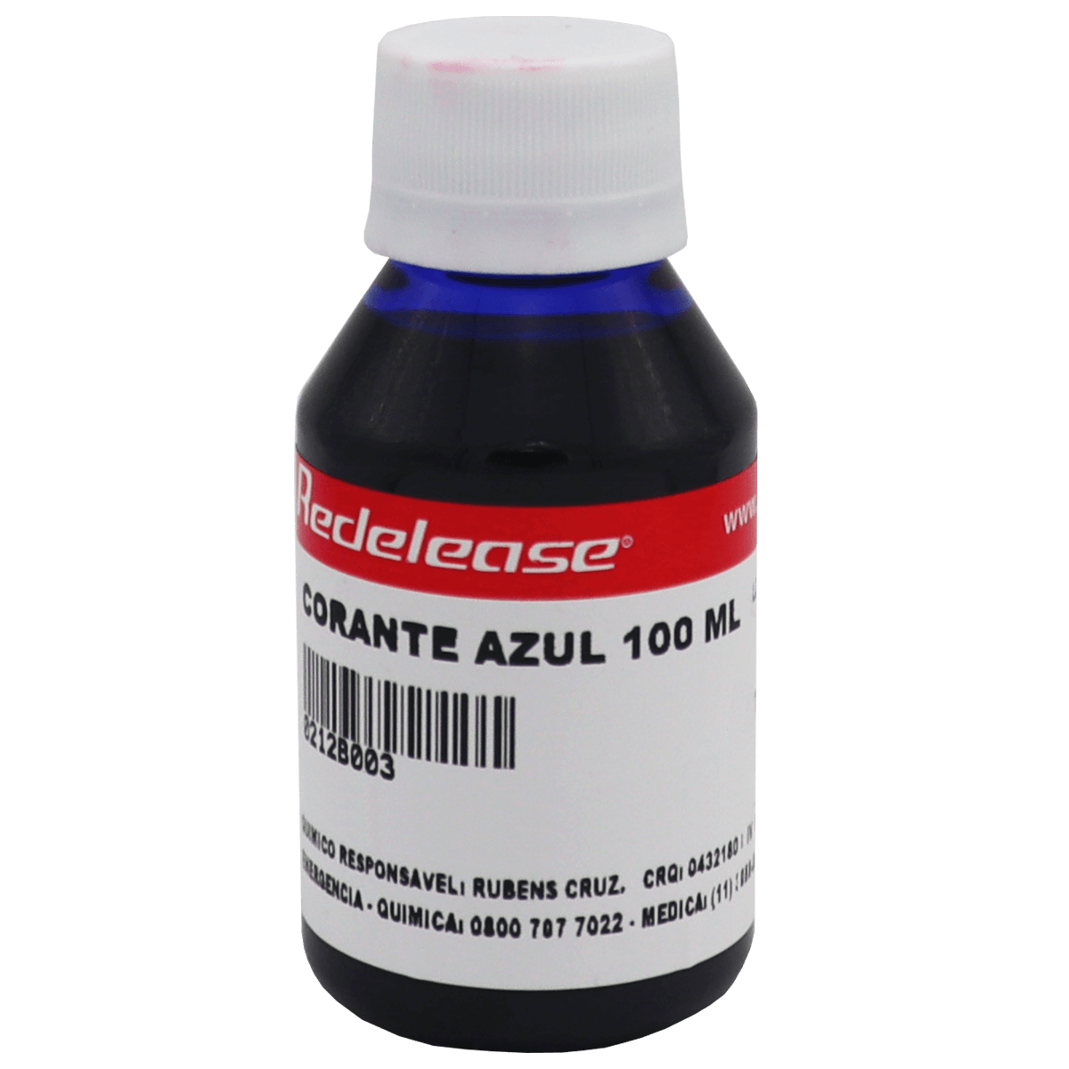 Frasco de corante azul 100 ml translúcido com tampa branca e rótulo identificador.