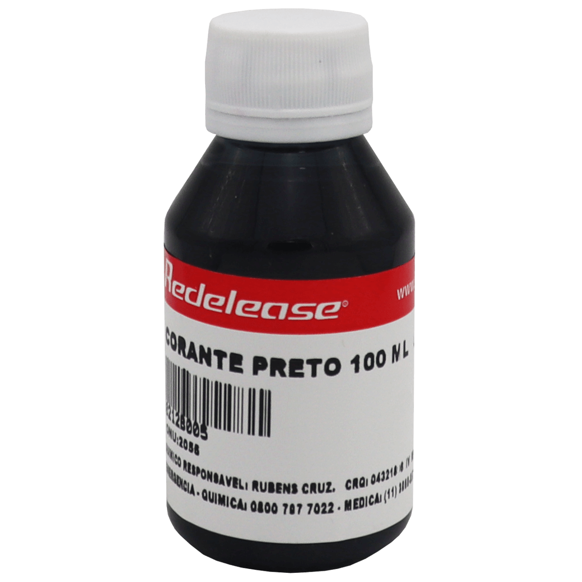Frasco de corante preto líquido 100 ml com tampa branca, rotulado para uso químico.
