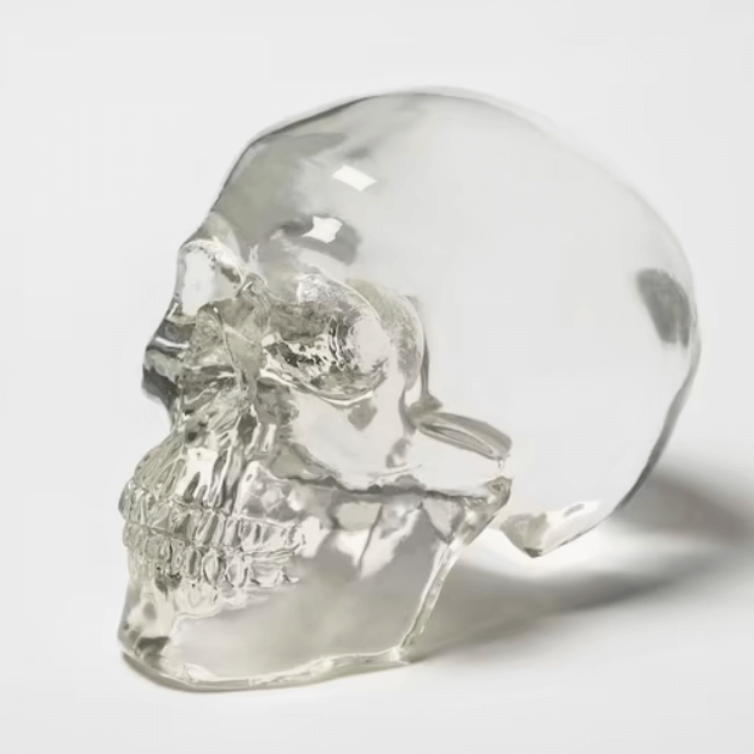 escultura de caveira em resina transparente decorativa em fundo branco