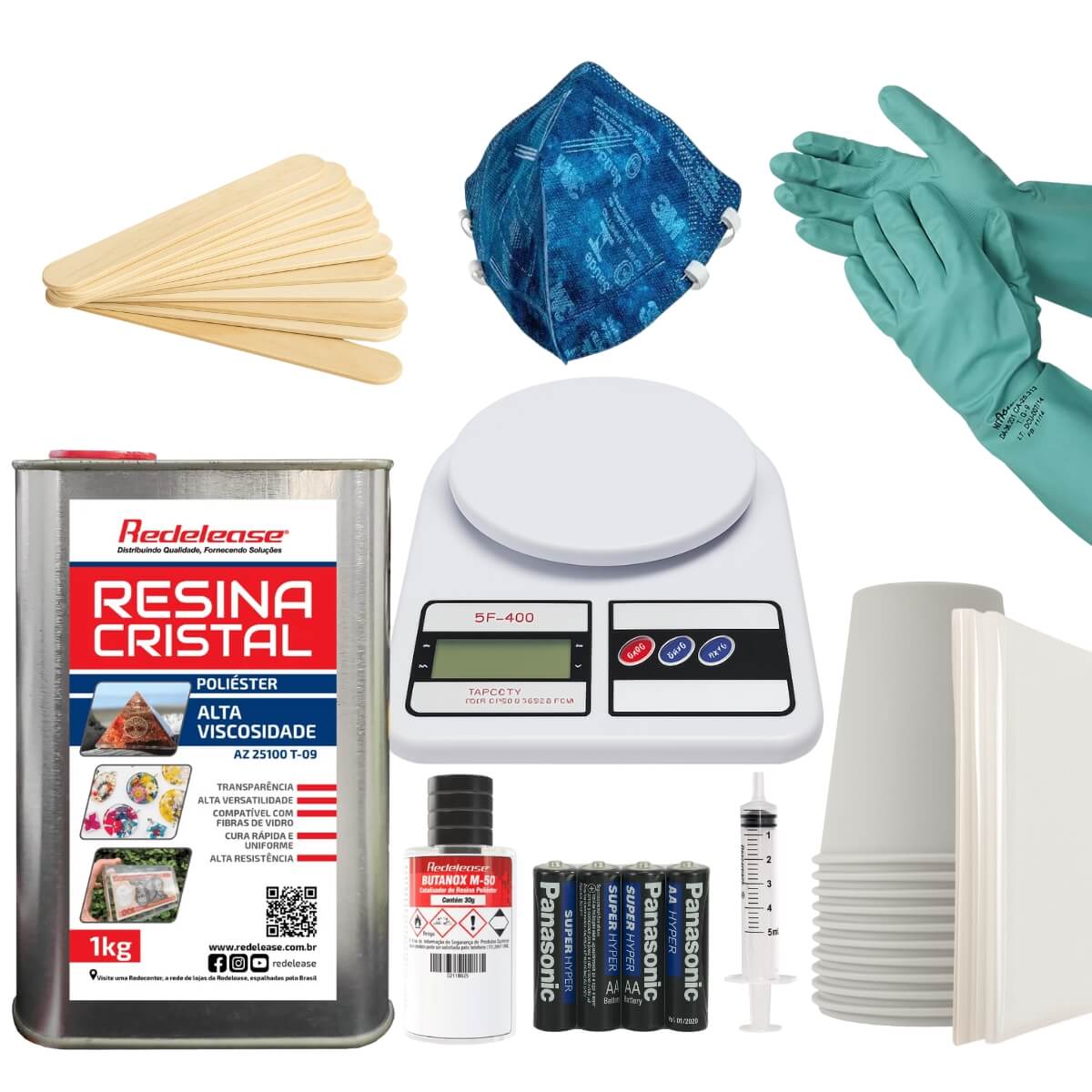 Kit de incrustação de insetos com resina cristal, luvas, máscara, balança e acessórios.