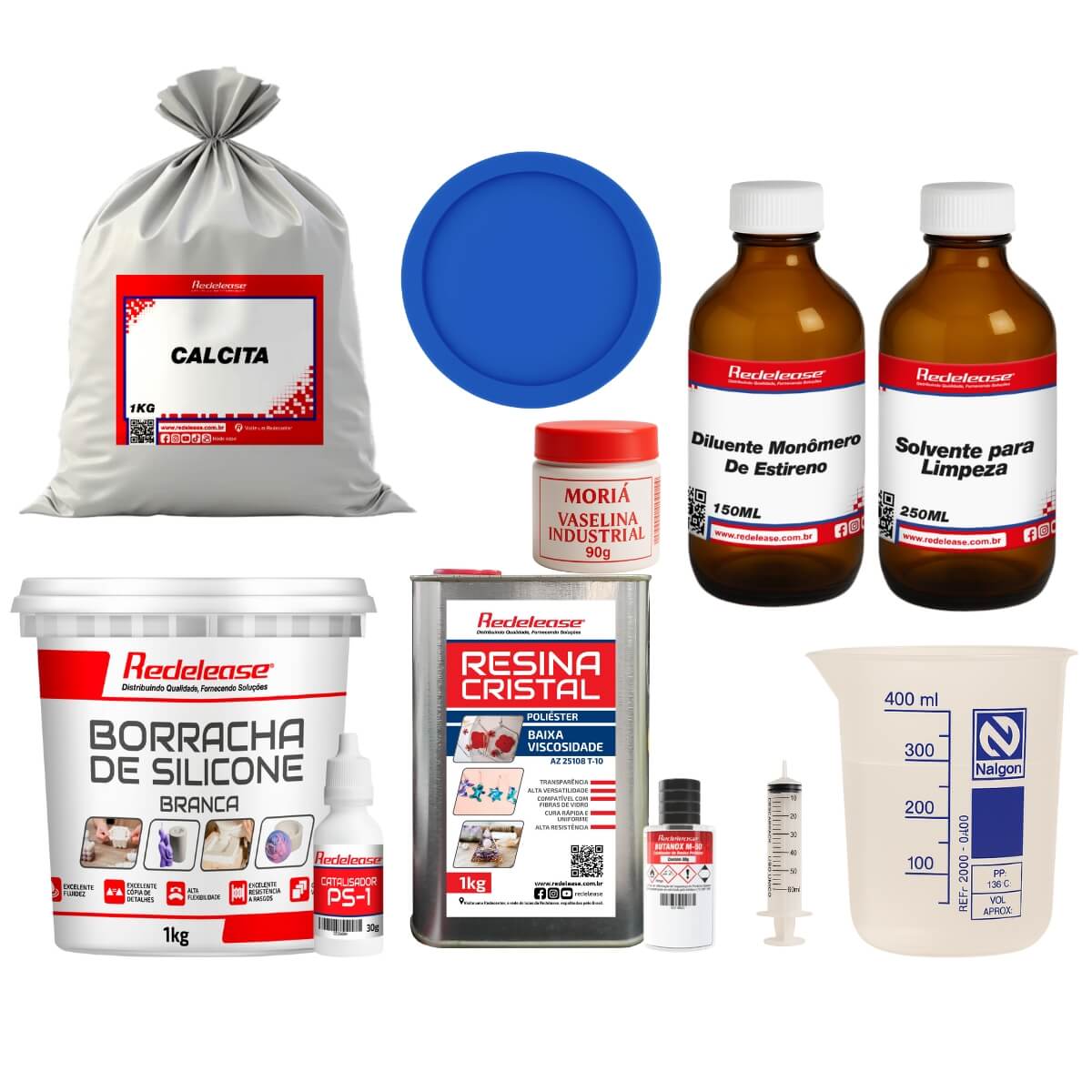 Kit iniciante para artesanato com borracha de silicone, resina cristal, calcita, diluente, solvente, vaselina, copo medidor, seringa e tampa azul.