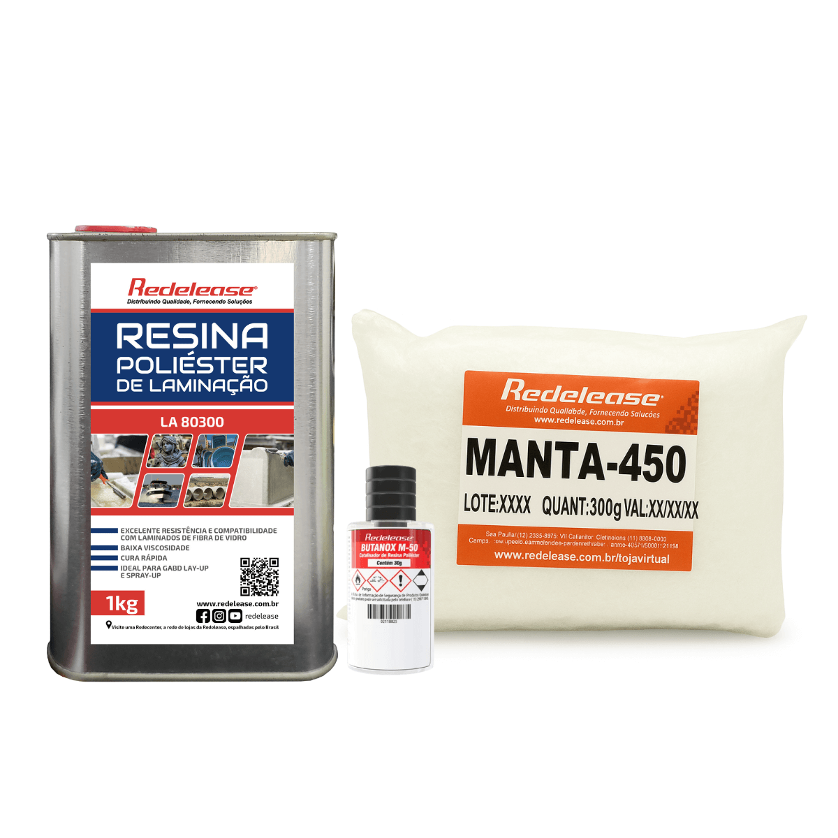 Kit de reparo com resina poliéster, catalisador e manta de fibra de vidro