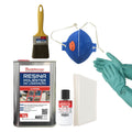 Kit de laminação com resina poliéster, pincel, máscara, luvas, catalisador e espátulas.