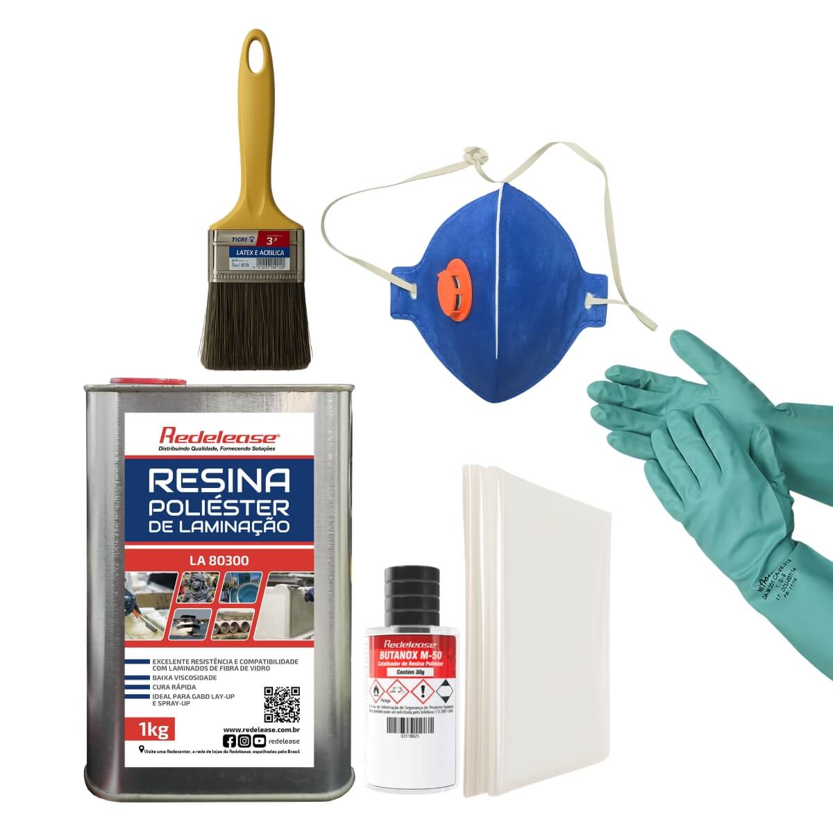 Kit de laminação com resina poliéster, pincel, máscara, luvas, catalisador e espátulas.