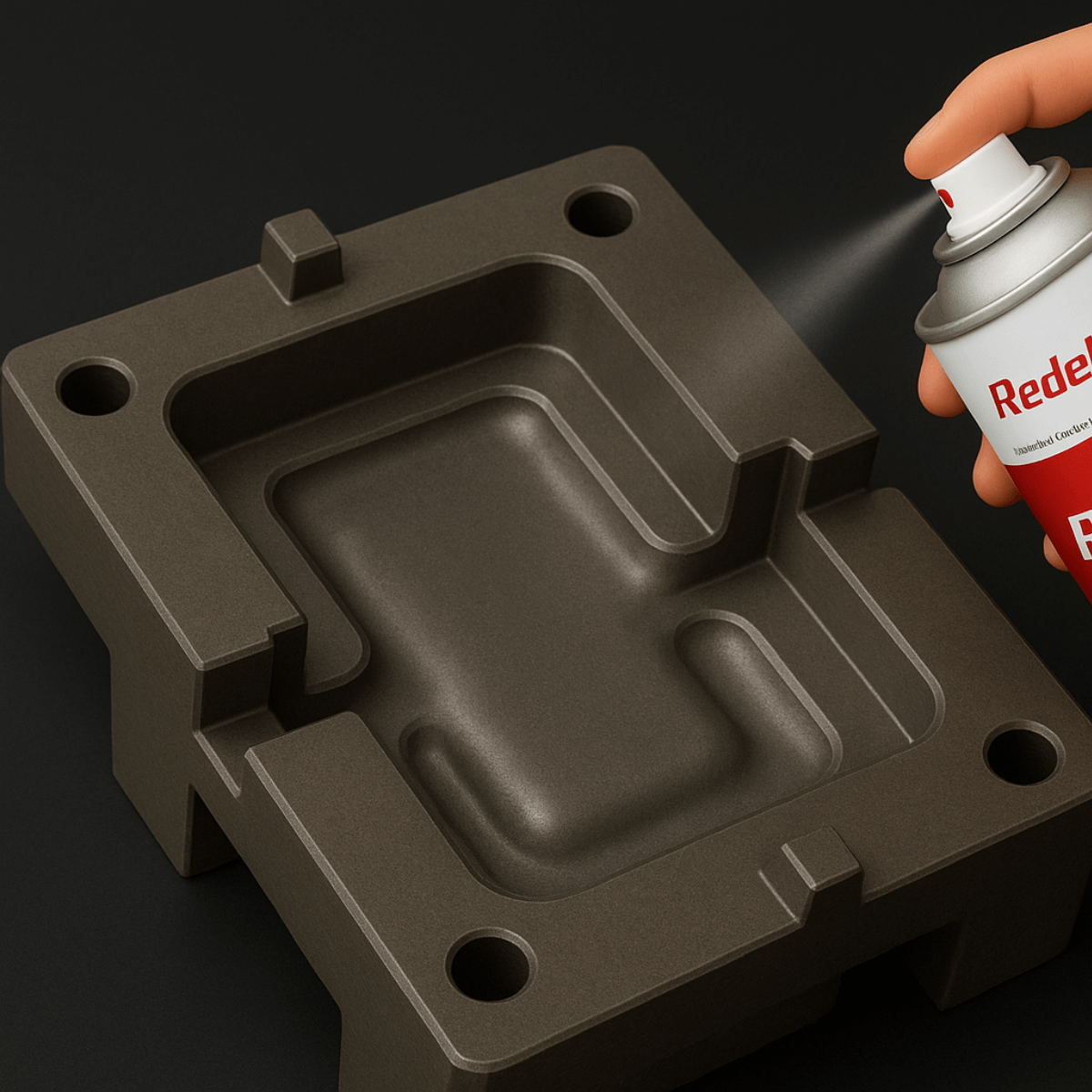 Spray desmoldante sendo aplicado em molde metálico industrial