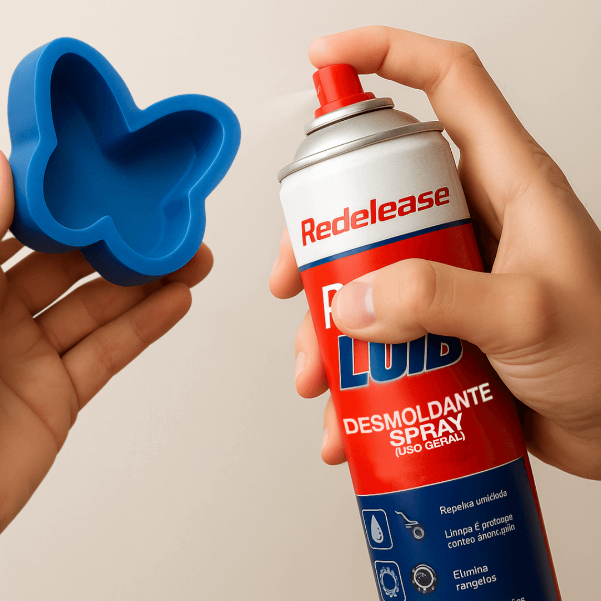 Spray desmoldante para silicone sendo aplicado em forma azul de borboleta