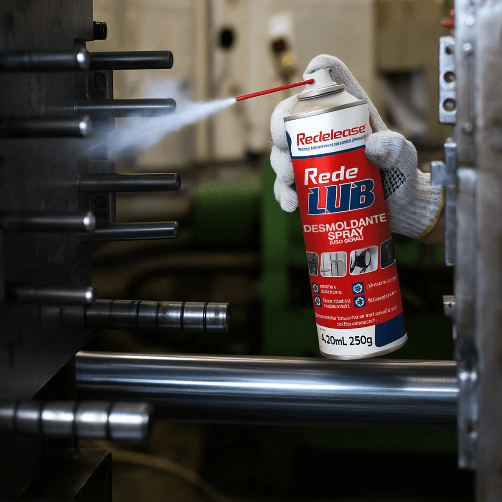 Spray desmoldante aplicado em molde industrial para silicones e resinas termoplásticos