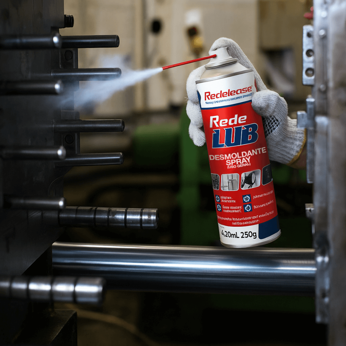 Spray desmoldante aplicado em molde industrial para silicones e resinas termoplásticos