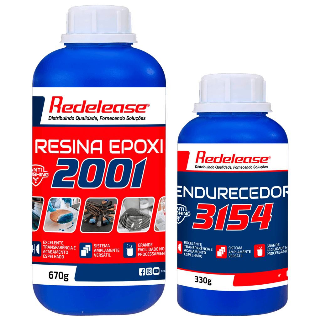 Kit resina epóxi 2001 transparente com endurecedor 3154, embalagens azuis de 670g e 330g.