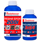 Kit resina epóxi 2001 transparente com endurecedor 3154, embalagens azuis de 670g e 330g.