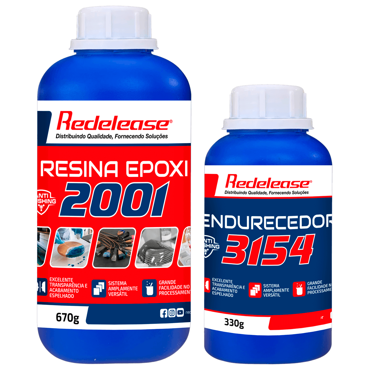 Kit resina epóxi 2001 transparente com endurecedor 3154, embalagens azuis de 670g e 330g.