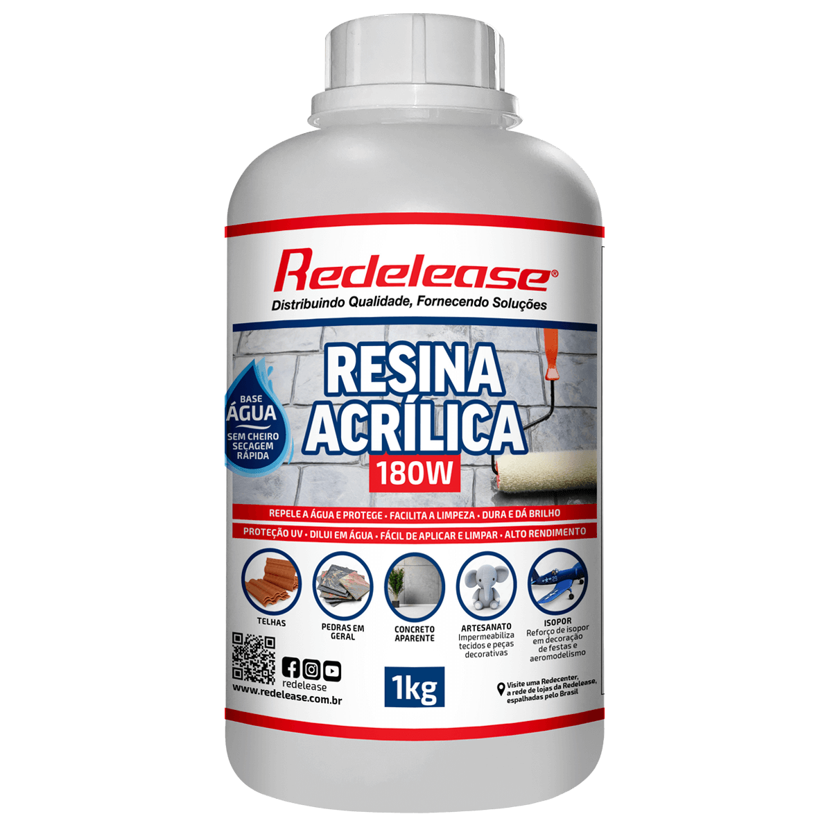 Resina acrílica base água 1kg para proteção de superfícies como telhas, pedras e concreto.