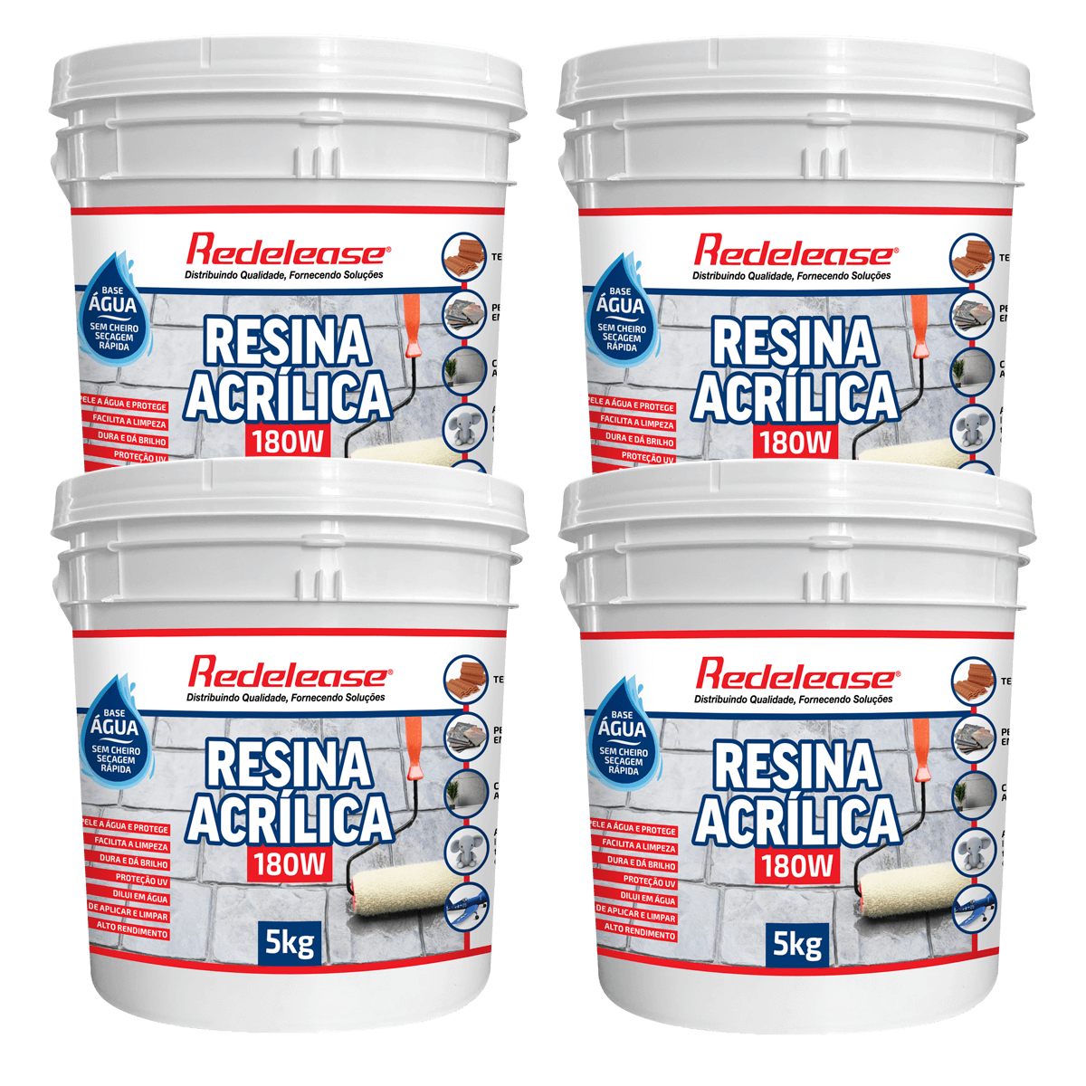 Kit com quatro baldes de resina acrílica base água 5kg para impermeabilização e proteção de superfícies.