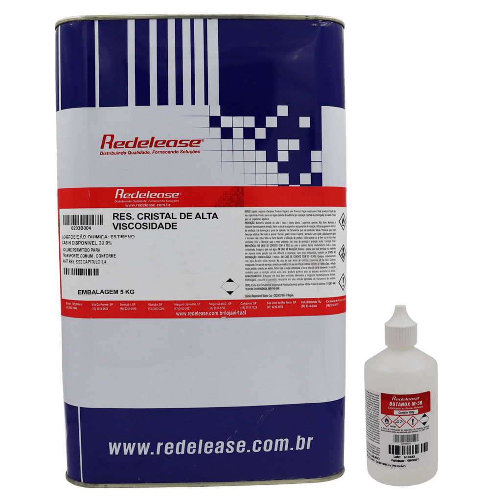 Resina cristal de alta viscosidade 5 kg com catalisador ao lado, embalagem industrial
