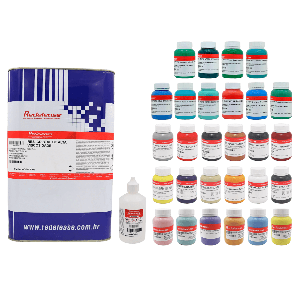 Kit de resina cristal de alta viscosidade com catalisador e diversos pigmentos coloridos.