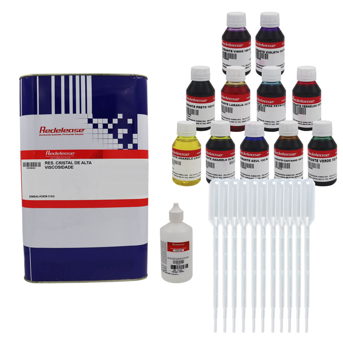 Kit de resina cristal de alta viscosidade com corantes coloridos e pipetas inclusas.