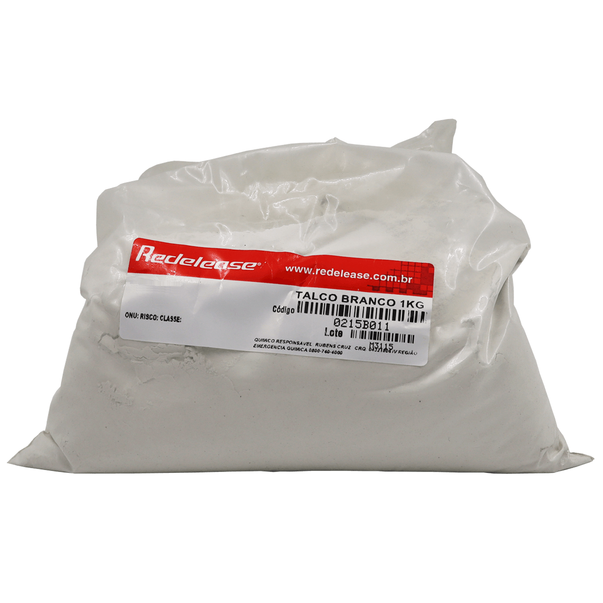 Pacote de talco industrial branco 1kg, carga mineral em embalagem plástica transparente