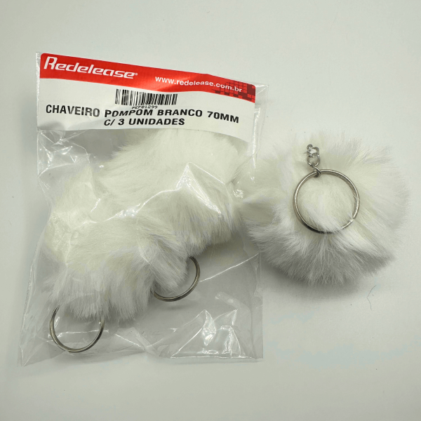 Chaveiro Pompom Pelúcia Branco 70 mm (3 Un)