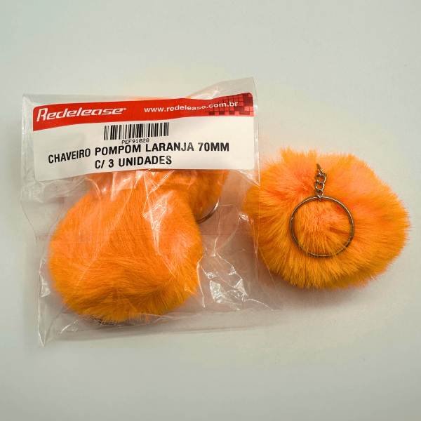 Chaveiro Pompom Pelúcia Laranja 70 mm (3 Un)