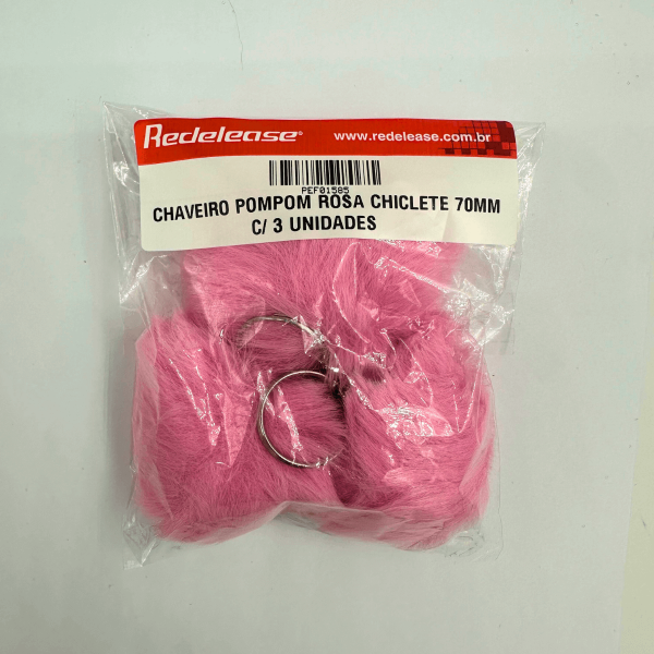 Chaveiro Pompom Pelúcia Rosa Chiclete 70 mm (3 Un)