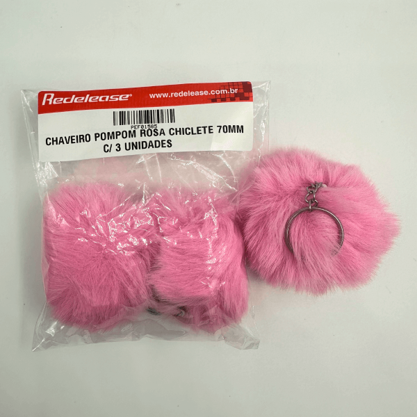 Chaveiro Pompom Pelúcia Rosa Chiclete 70 mm (3 Un)