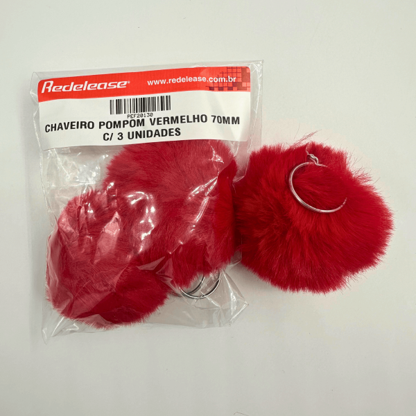 Chaveiro Pompom Pelúcia Vermelho 70 mm (3 Un)