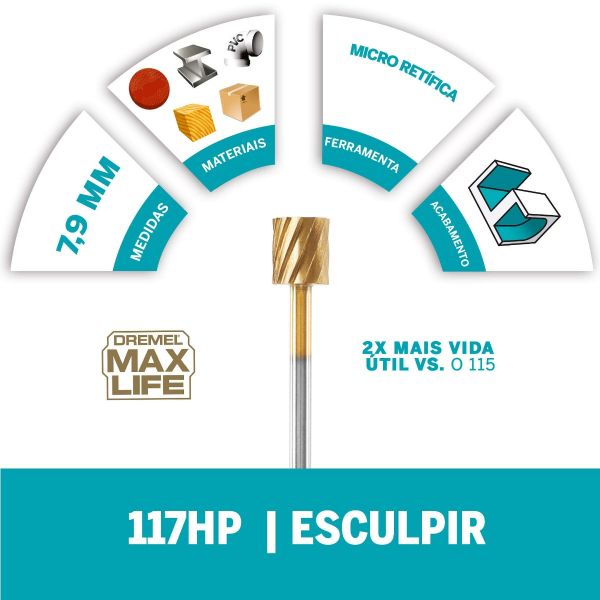 Escareador Dremel Max Life Para Esculpir Cilíndrica de Ponta Arredondada De 6,4mm (Modelo 117HP)