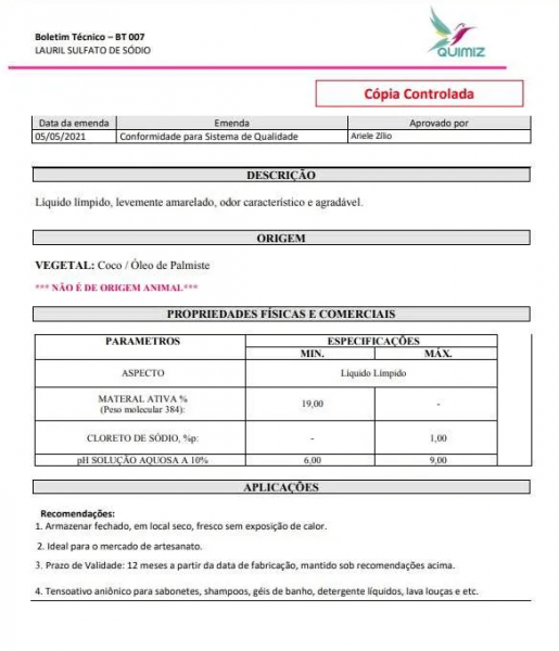 Lauril Líquido Base Espumante Vegetal para Sabonetes, Shampoos e Cosméticos (01 L)